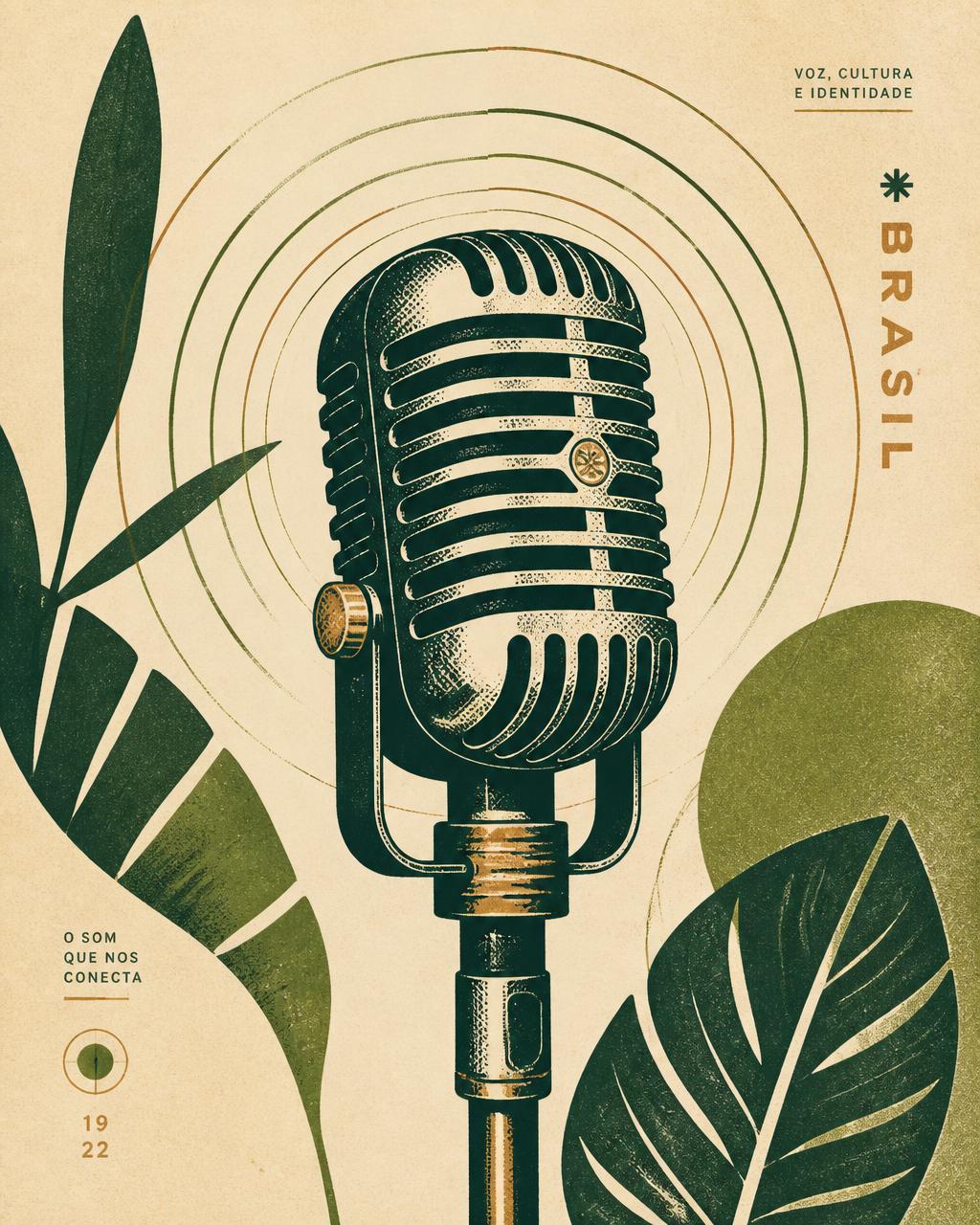 Microfone clássico ilustrado com ondas sonoras e folhas, símbolo da Rádio Mundo Vivo
