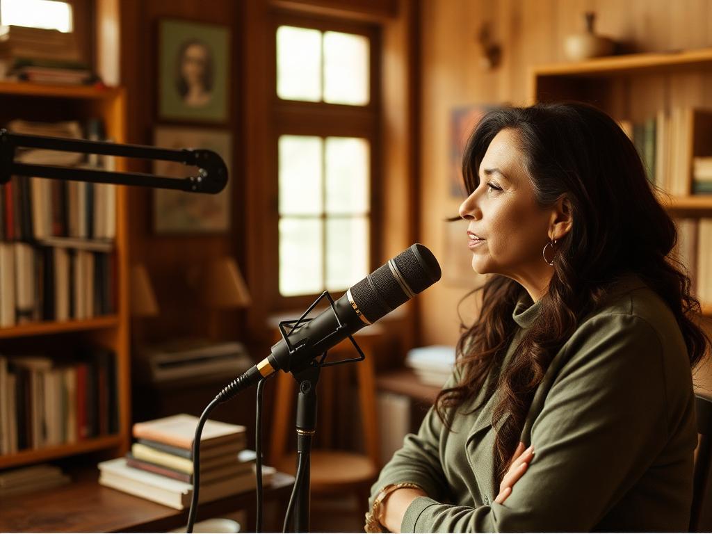 Apresentadora ao microfone em estúdio de madeira