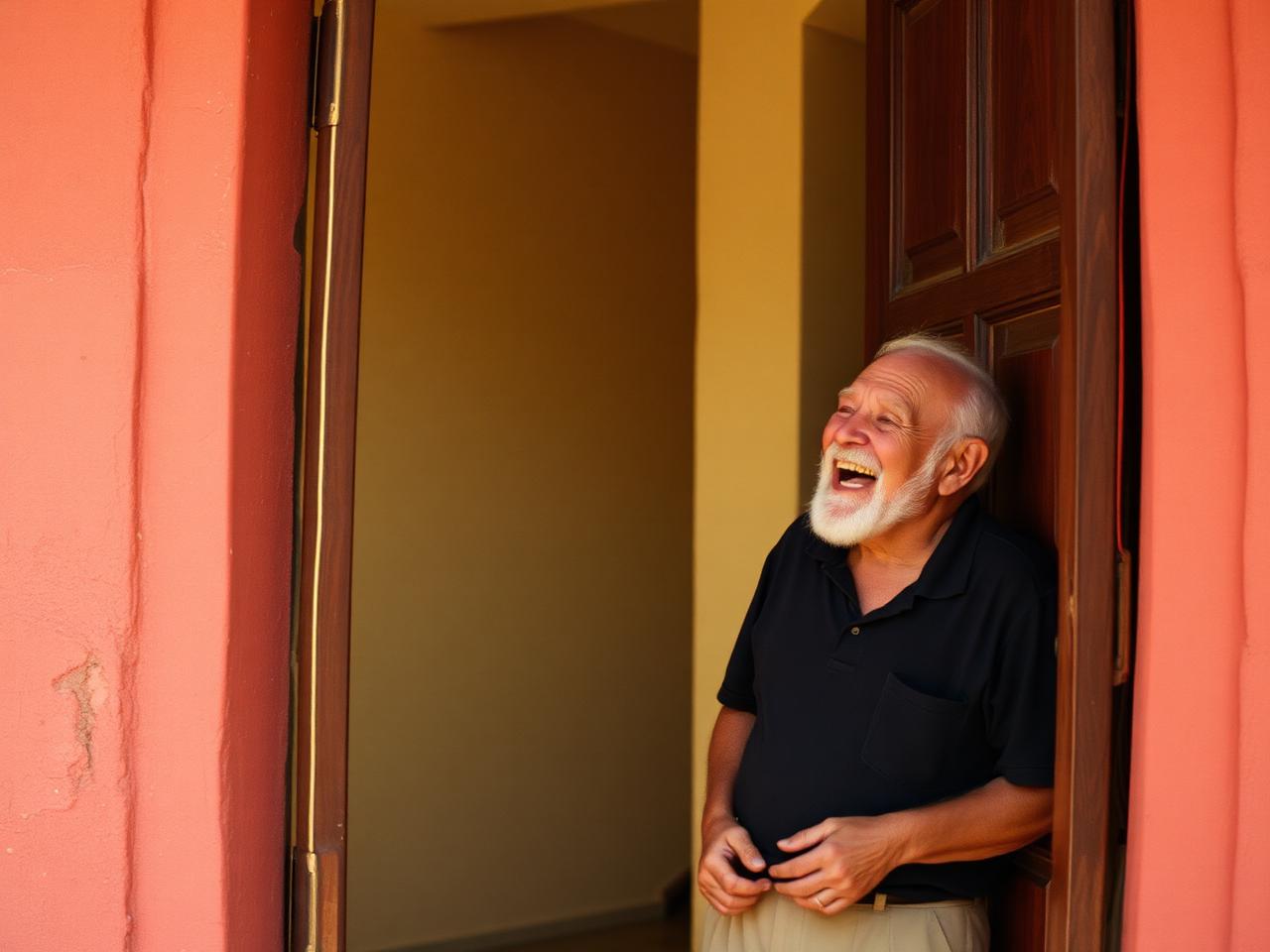 Senhor rindo enquanto conta uma história na porta de uma casa antiga